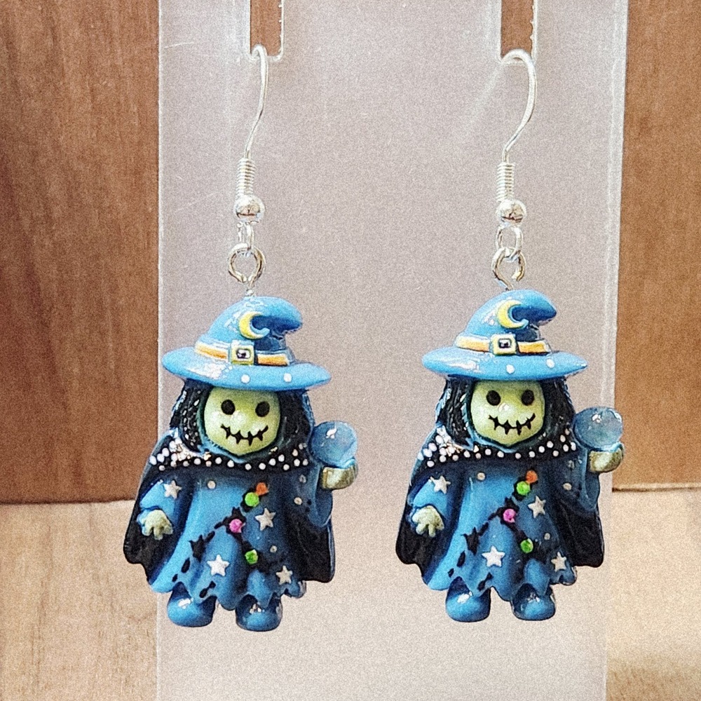 Blue Witch Halloween Dangle Earrings Spooky Starry‎ Resin Drop Jewelry